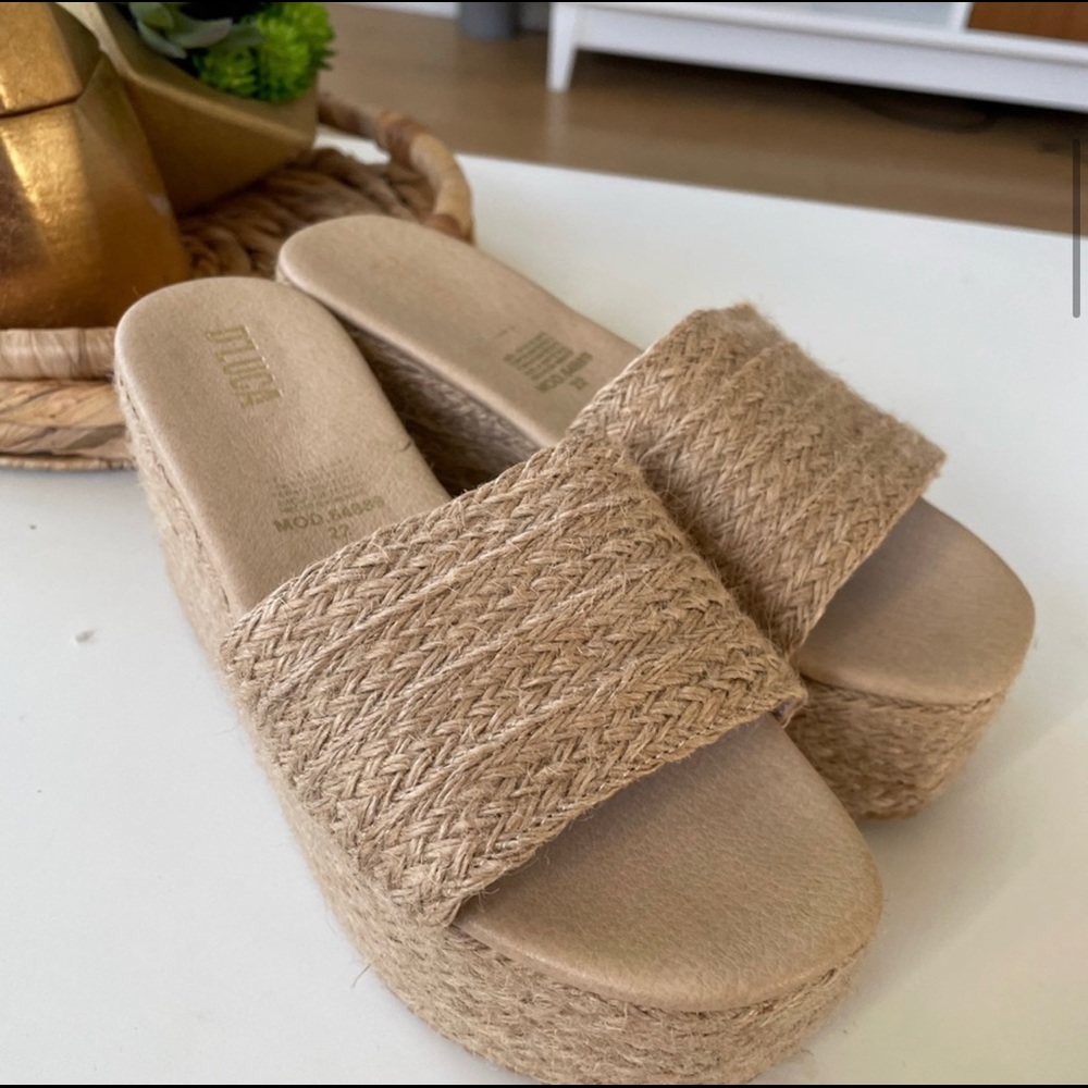 Natural open toe espadrille platform wedge sandals